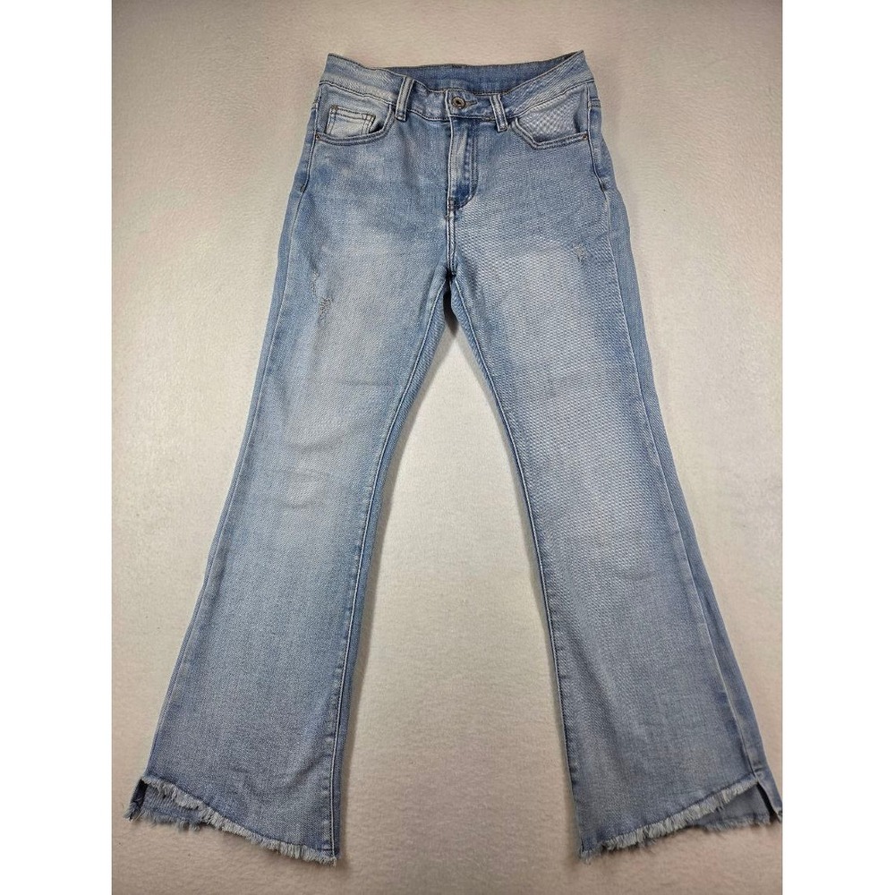 Denim Light Wash Textured Flare Jeans Raw Hem Distressed Blue Women Size 29